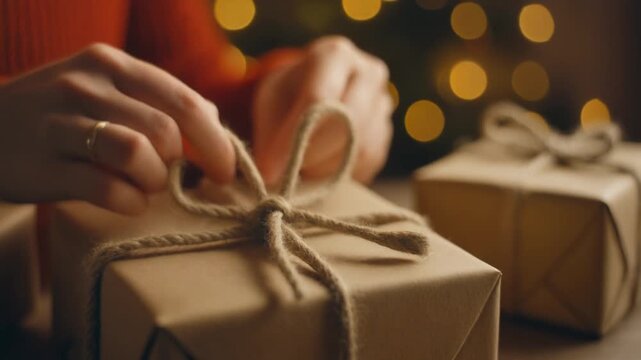 Close-up of hands tying a bow on a wrapped gift box with twine on a table with bokeh lights in the background.