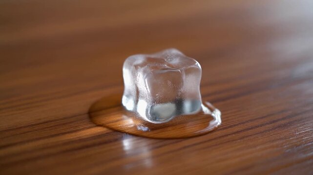 Melting ice cube on a wooden surface with warm tones and a shallow depth of field.