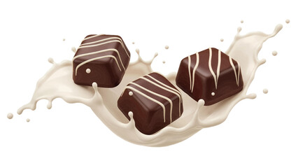 Fototapeta premium Vector illustration&nbsp;of three dark chocolate pralines with white stripes in a splash of milk on a white background
