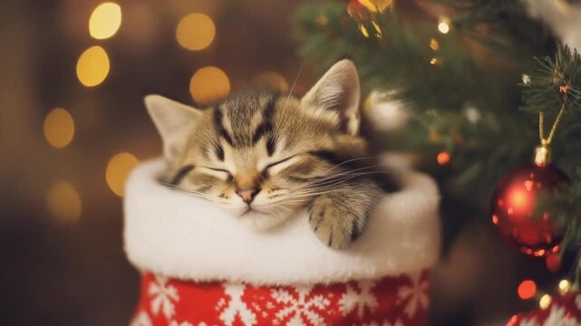 Sleeping tabby kitten in a Christmas stocking near a tree with ornaments