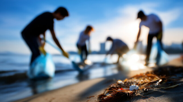 Defocused shot of volunteers bending down to pick litter from a beach, silhouettes outlined by soft morning light, with copy space.
