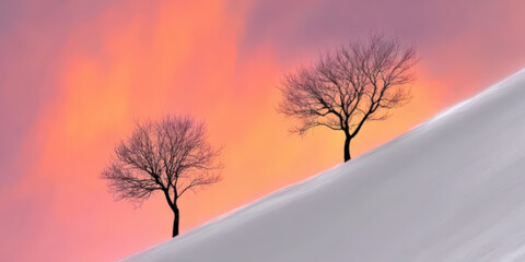 Minimalistic winter landscape. Trees on a hill before an evening sky
