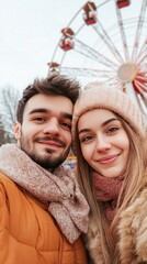A couple taking a selfie with the amusement park in the background, candid and joyful expression, clean and professional composition, copy space, natural color, minimalism, stock photography