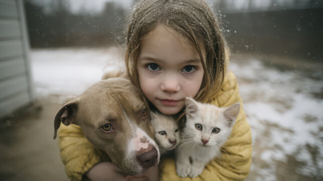 Close-up of a little girl in a yellow coat gently hugging a massive brown pit bull with scars, and a tiny white kitten curled beside them - Powered by Adobe