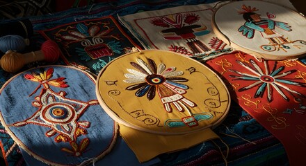 Close up of a native american beaded design with fringe on top of a patterned textile surface