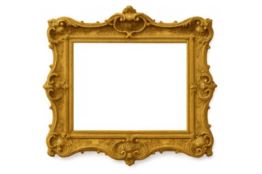Gold ornate baroque frame with intricate rococo carvings, providing a vintage royal border, transparent background