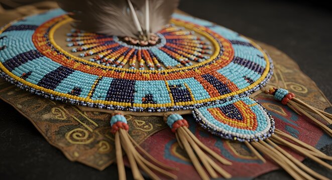 Close up of a native american beaded medallion with feathers and leather tassels on a decorated surface - Powered by Adobe