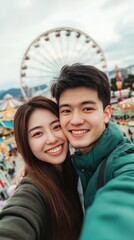 A couple taking a selfie with the amusement park in the background, candid and joyful expression, clean and professional composition, copy space, natural color, minimalism, stock photography