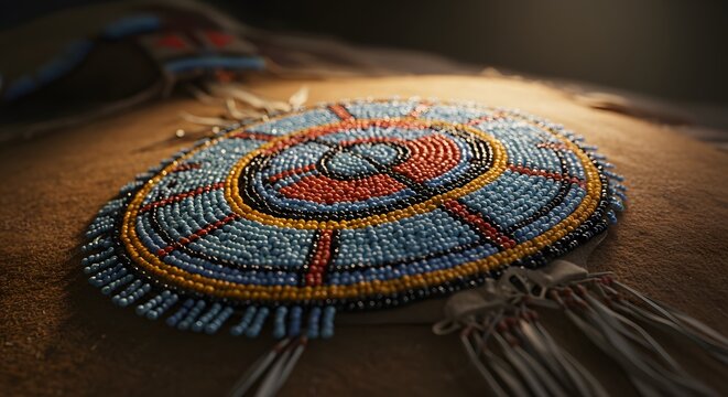 Close up of a beaded medallion with intricate patterns and light blue, red, and yellow colors