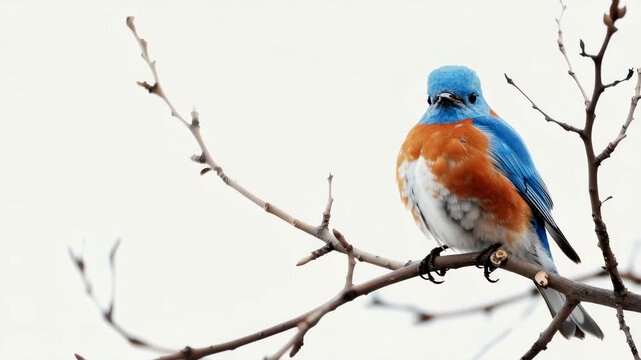Bluebird with vibrant feathers perched on bare tree branch