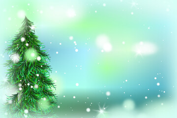 Winter illustration copy space for greeting card, poster, wallpaper with christmas tree and snowfall on snowy blue background.
