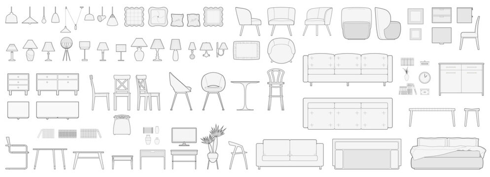 Furniture outline front and top view architectural designs. Set of isolated linear interior icons. Vector elements for apartments, living room, bedroom, kitchen, bathroom.	