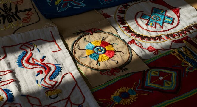 National American Indigenous Heritage Month A collection of handmade embroidered fabric pieces with colorful designs and intricate stitching details shown - Powered by Adobe