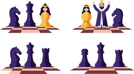 Chessboard scene with cartoon royalty, queen and king characters, knight, rook, bishop, pawn, symbolic pieces, educational, playful, fantasy, strategy