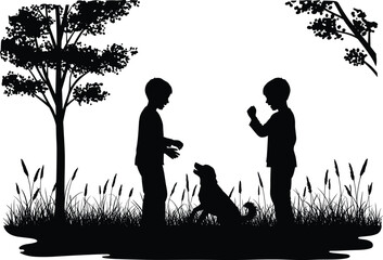 Children, dog, silhouette, outdoor, nature, park, friendship, playtime, trees, grass, bonding, pet, interaction, countryside, peaceful, summer, childhood, gesture, sitting, foliage