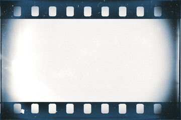 35mm film strip edge with white dusts and scratches and strong lens vignetting template on transparent background (png image).