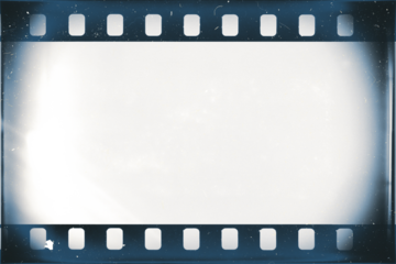 35mm film strip edge with white dusts and scratches and strong lens vignetting template on transparent background (png image).
