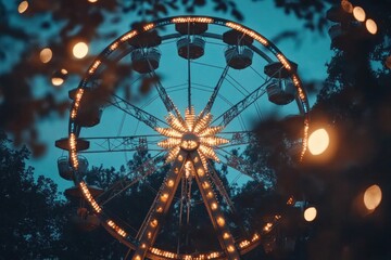 A Ferris wheel at night illuminated with LED lights, viewed from below, clean and professional composition, copy space, natural color, minimalism, stock photography