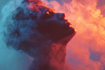 Profile of an adult woman's face surrounded by colorful smoke in studio setting