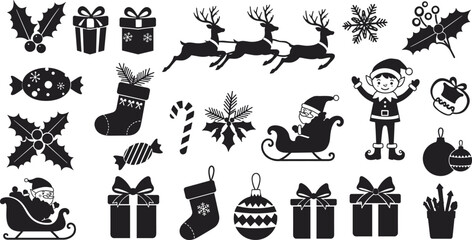 Christmas icons, holiday silhouette set, festive vector elements, Santa sleigh, reindeer, snowflakes, gifts, elf, ornaments, pine branches, candy, mittens