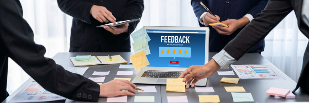 Analyst team use sticky note for creative and analytic brainstorm for business idea with BI data dashboard on laptop screen. Analysis financial data visualization tech for marketing strategy. Prodigy