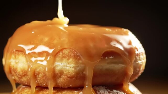Caramel Glaze Pouring Over Donuts.