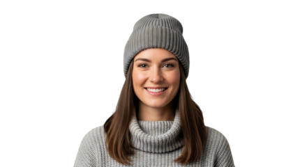 A smiling 30-35-year-old Caucasian woman, a ski instructor, wearing a cozy turtleneck sweater and warm beanie, isolated on transparent background. Perfect for winter sports marketing,