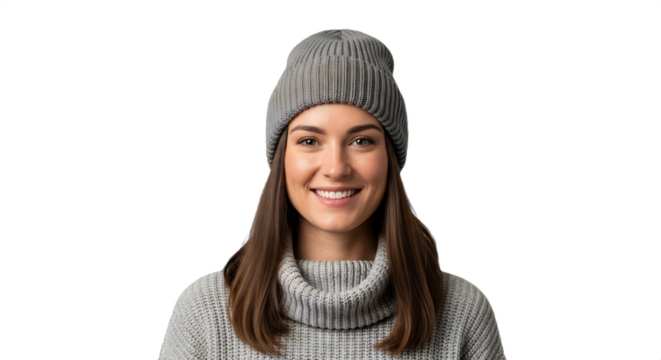 A smiling 30-35-year-old Caucasian woman, a ski instructor, wearing a cozy turtleneck sweater and warm beanie, isolated on transparent background. Perfect for winter sports marketing, - Powered by Adobe