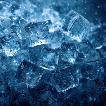 Ice Surface Texture Closeup Transparent Crystal Clear Frozen Water Cubes Sparkling Blue Macro