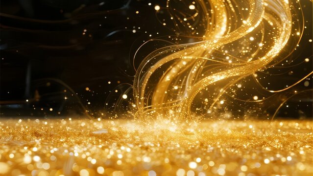 Golden sparkling particles swirling above a glittering surface in a dark background - Powered by Adobe