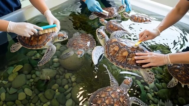 Sea Turtle Conservationists Caring for Rescued Turtles in a Sanctuary.