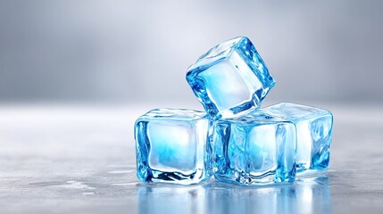 Crystal Clear Ice Cubes Stacked on a Textured White Surface with Soft Ambient Lighting and Subtle Reflections