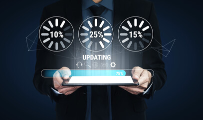 A concept of a system update and software installation. A progress bar and loading icons showing the update percentage and status. Motif