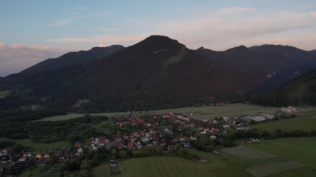 panoramic view of the mountains, tatras near tle small village, 4k, sunset