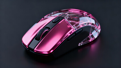 Sleek pink gaming mouse with transparent shell and glowing RGB edges. Futuristic design with black accents, scroll wheel, and side buttons