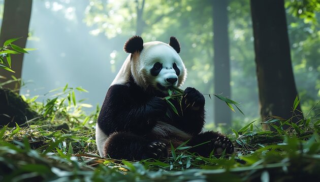 A panda sits amidst lush greenery, eating bamboo shoots in a sun-dappled forest. - Powered by Adobe