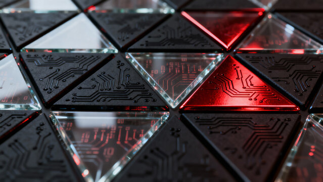 A macro view of a circuit board with triangular sections, glowing red highlights, intricate traces, and reflective surfaces showcasing advanced tech design