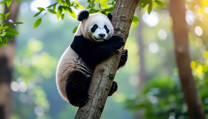 Panda climbs a tree trunk in a forest setting, looking towards the viewer.