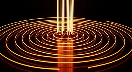 Abstract Orange Light Art: Glowing Concentric Circles and Vertical Grid with Reflections