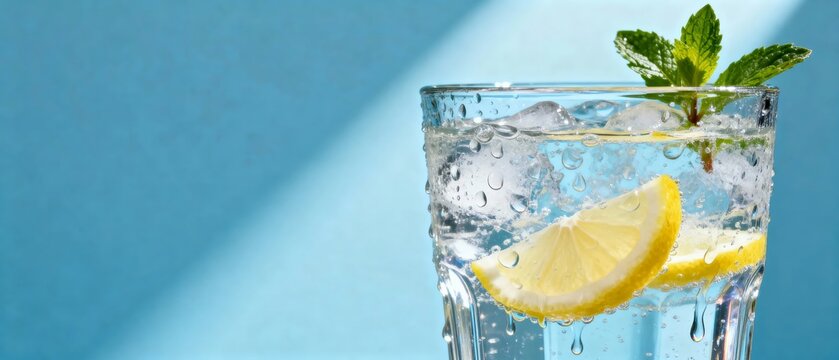 A refreshing glass of sparkling water with lemon slices and mint leaves on a blue background - Powered by Adobe