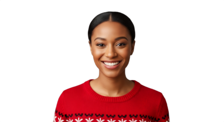 Smiling Black woman, 22-26, a holiday retail assistant in a red sweater, embodies friendly service. Ideal for seasonal sales, customer support, and festive marketing.