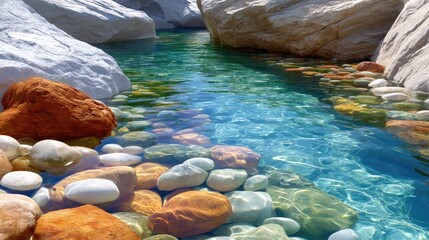 Crystal Clear Stream Flowing Over Colorful Smooth Rocks and Pebbles in a Rocky Canyon Gorge with Sunlight Glinting on the Water Surface