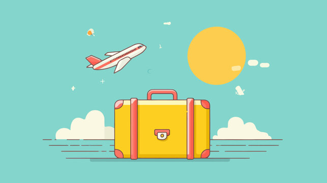 Colorful suitcase and airplane vector illustration for travel destination