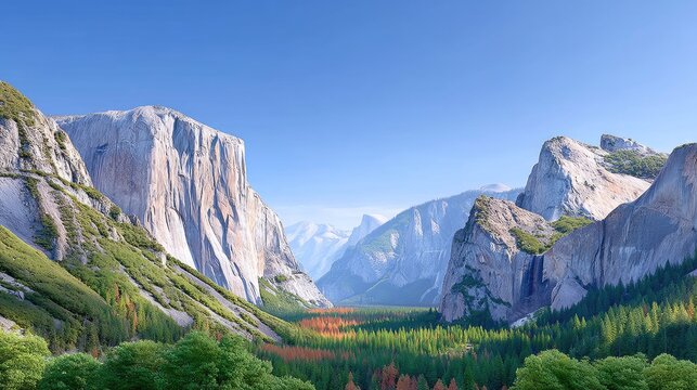 Majestic Yosemite Valley At Golden Hour With Granite Cliffs Towering Over Lush Green Forests And Distant Snow Capped Mountains Under A Clear Blue Sky