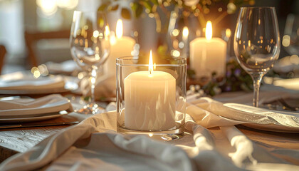 Candlelit Dinner: A warm and inviting scene, featuring a beautifully set table adorned with glowing candles, elegant glassware, and delicate silverware.
