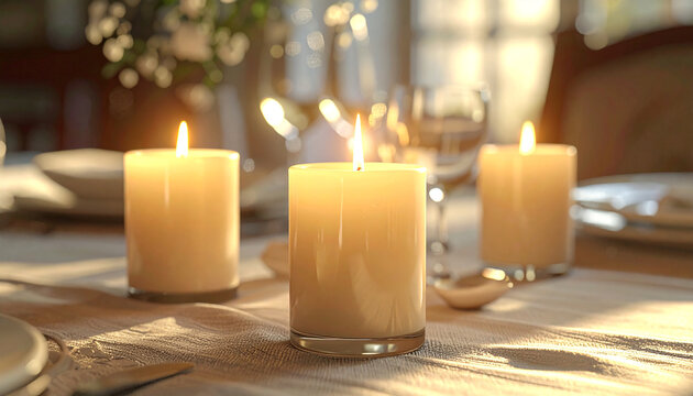 Candlelit Dinner: A warm and inviting scene of a beautifully set table, the soft glow of candles casting a romantic ambiance over the setting.