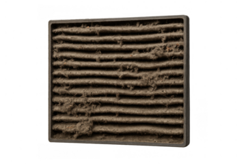 Dirty air filter showing dust and debris, needing replacement for improved air quality, transparent background
