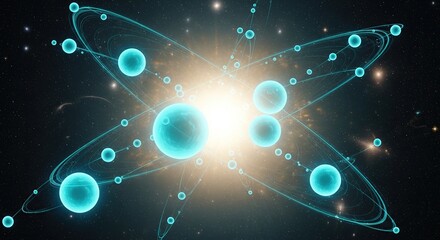 Abstract Atom Structure in Space, Glowing Spheres and Orbital Paths.