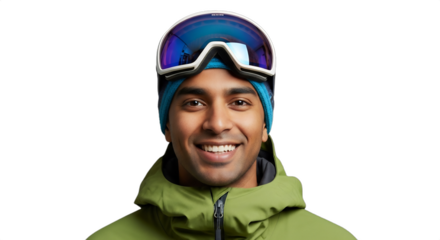 Smiling 29-34-year-old South Asian man, a snowboard instructor, headshot in technical jacket, goggle headband. Isolated on transparent background. Perfect for winter sports, travel,
