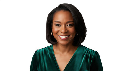 A smiling 42-48-year-old Black woman, a holiday event planner, in an elegant dark green velvet top. Isolated on transparent background. Perfect for professional profiles, festive marketing,